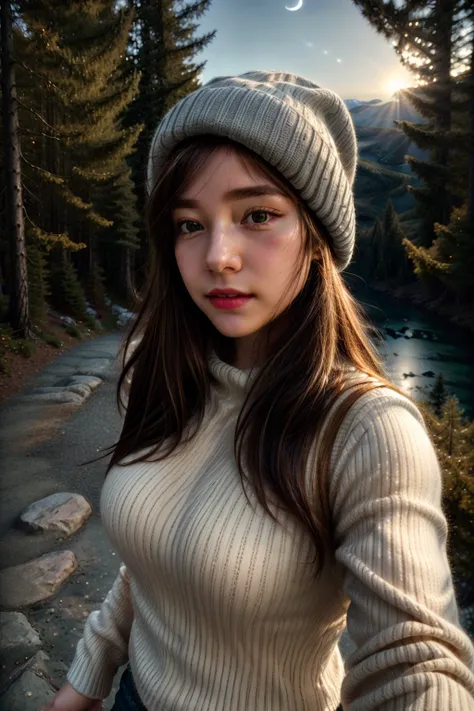 1girl, ((upper body selfie, happy)), masterpiece, best quality, ultra-detailed, solo, outdoors, (night), mountains, nature, (stars, moon) cheerful, happy, backpack, sleeping bag, mountain boots, gloves, sweater, hat, forest, rocks, river, wood, smoke, shadows, contrast, clear sky, analog style, (look at viewer:1.2), (skin texture), (film grain:1.3), (warm hue, warm tone :1.2), close up, cinematic light, sidelighting, ultra high res, best shadow, RAW, upper body, wearing pullover <lora:Adelinemu:1>