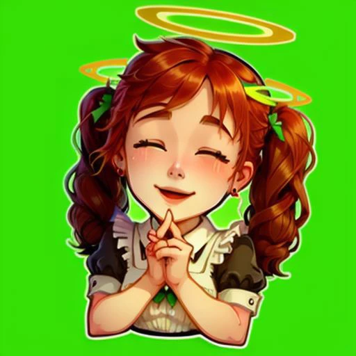 ((best quality, masterpiece)),    [(simple background:1.3),::5], ((die-cut sticker):1.1), (solid outline:1.2),
1girl, maid, black maid uniform, red hair, twintails, green eyes,(closed eyes smile:1.3), ((blush):1.2), ((halo):1.2). wings, ((full body):0.4),
<lora:easy_sticker:0.5> , <lyco:Qtea_add_sugar:0.2>