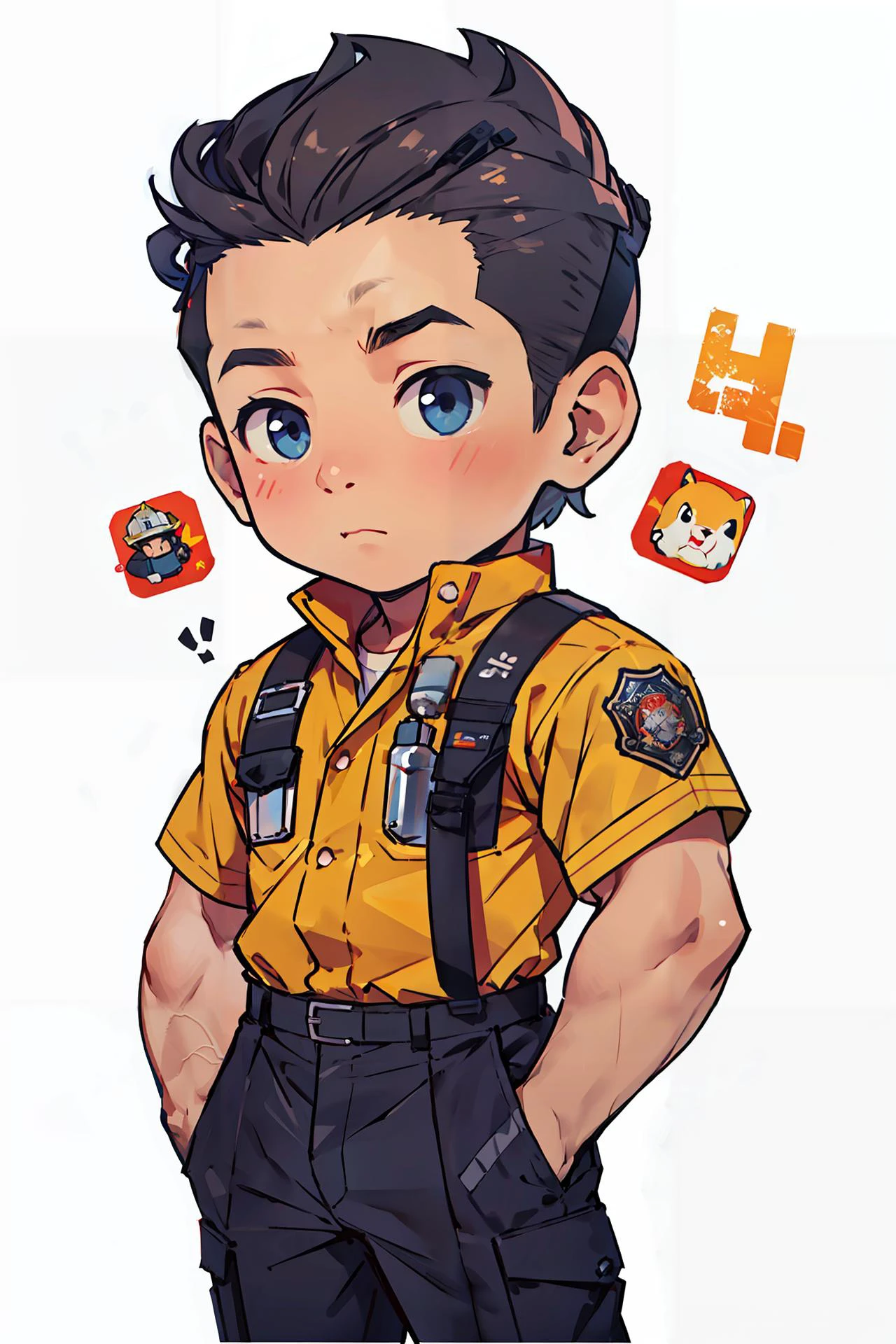 (masterpiece,best quality), 1boy,muscular , chibi, firefighter, <lora:Qtea_add_sugar-fp16:0.9>