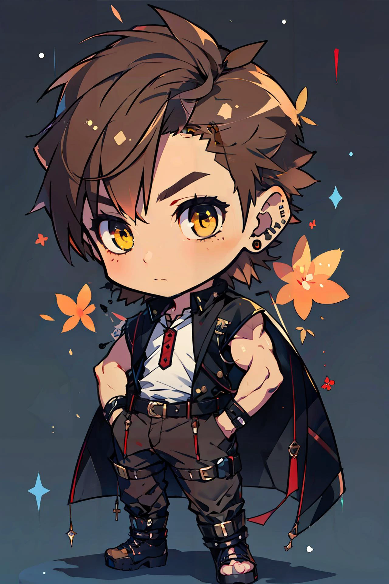 (masterpiece,best quality), 1boy,muscular,yellow eyes, brown hair, chibi, <lora:Qtea_add_sugar-fp16:0.8>, <lora:Neon_Dreams:0.8>