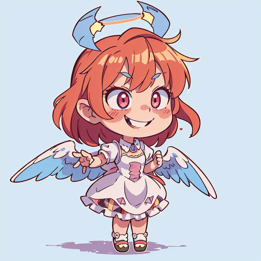 ((best quality, masterpiece)), die-cut sticker, [(simple background:1.3),::5], (solid outline:1.4),
chibi, 1girl,  ta_dress , embarrassed <lora:ArsEmbarrassed-t5:0.3>, ((evil smile, naughty smile):1.2), (constricted pupils, small pupils), ((blush)) , open mouth, ((halo)), ((angel wings)), full body,
<lora:Constricted Pupils5:0.3>,
<lora:loliress_classic_1_v3:0.4>
<lora:easy_sticker:0.2> , <lyco:Qtea_add_sugar:0.3>