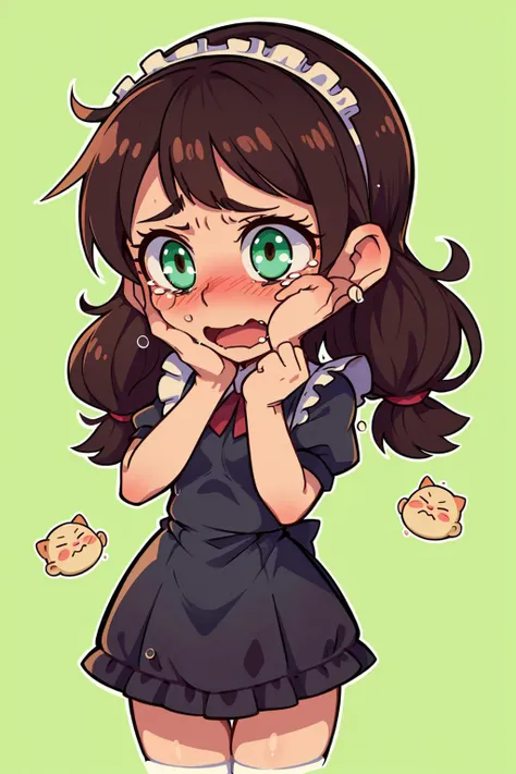 ((best quality, masterpiece)),   ((die-cut sticker)), [(simple background:1.3),::5], (solid outline:1.2),
chibi, 1girl, maid, black maid uniform, brown twintails, green eyes , ((crying , tears, embarrassed, blush):1.1),
<lora:easy_sticker:0.5> ,