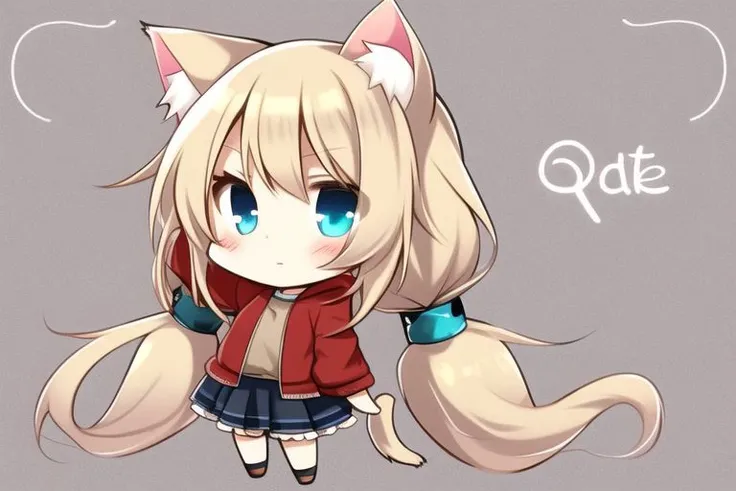 <lora:Qtea_add_sugar:1> ,beige hair,low twintails, cat ears, blue eyes, chibi