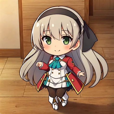 (masterpiece, best quality:1.2), chibi, solo, 1girl, elie macdowell, smile, looking at viewer, hair ribbon, hairband, green eyes, ascot, long sleeves, black pantyhose, white boots <lyco:Qtea_add_sugar-fp16:0.8> <lora:elie-nvwls-v2-zero:0.9>