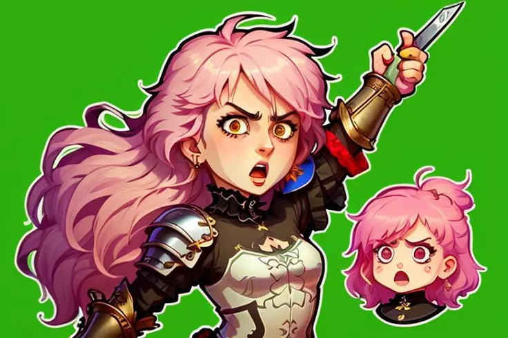 ((best quality, masterpiece)),   die-cut sticker, [(simple background:1.3),::5], (solid outline:1.4),
1girl, power pose, angry, open mouth, black and pink gothic ((kawaii)) armor, frills, pink messy hair, sword,
<lora:easy_sticker:0.2> , <lyco:Qtea_add_sugar:0.3>