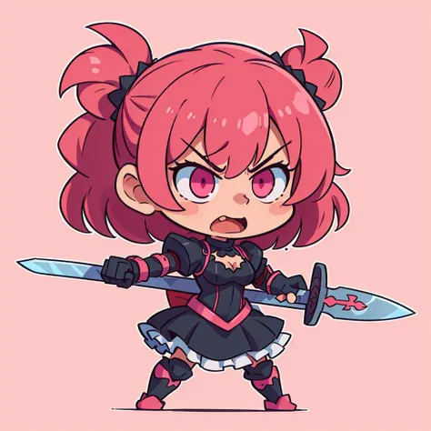 ((best quality, masterpiece)),   die-cut sticker, [(simple background:1.3),::5], (solid outline:1.4),
1girl, power pose, angry, open mouth, black and pink gothic ((kawaii)) armor, frills, pink messy hair, sword,
<lora:easy_sticker:0.2> , <lyco:Qtea_add_sugar:0.3>