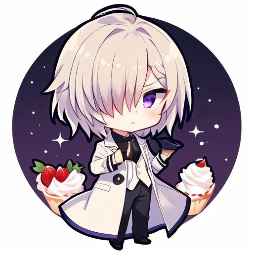 1boy, black gloves, formal clothes, white suit, long sleeves, male focus, purple eyes, disdain, solo, full body, (beige hair), fluffy hair, short hair, hair over right eye,  <lora:mekakure_right_v100:0.85>, black undershirt, chibi, shortcake, sweets, whipped cream, strawberries,  <lora:Qtea_add_sugar-fp16:0.85>