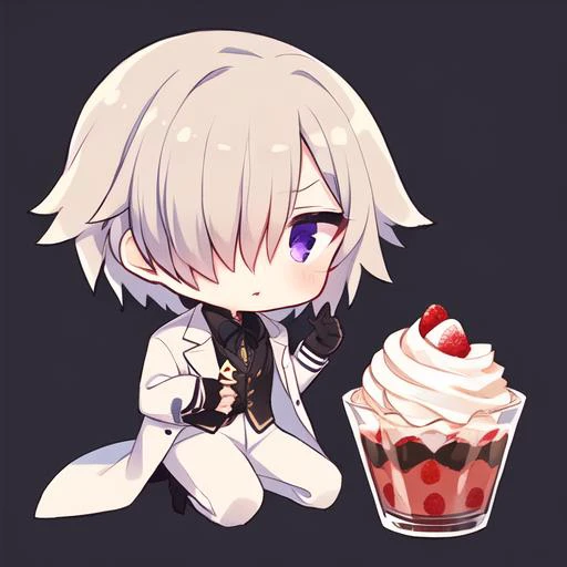 1boy, black gloves, formal clothes, white suit, long sleeves, male focus, purple eyes, disdain, solo, full body, (beige hair), fluffy hair, short hair, hair over right eye, <lora:mekakure_right_v100:0.85>, black undershirt, chibi, shortcake, sweets, whipped cream, strawberries, <lora:Qtea_add_sugar-fp16:0.85>