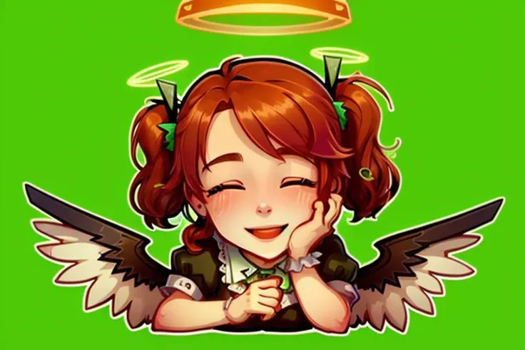 ((best quality, masterpiece)),    [(simple background:1.3),::5], ((die-cut sticker):1.1), (solid outline:1.2),
1girl, maid, black maid uniform, red hair, twintails, green eyes,(closed eyes smile:1.3), ((blush):1.2), ((halo):1.2). wings, ((full body):0.4),
<lora:easy_sticker:0.5> , <lyco:Qtea_add_sugar:0.2>