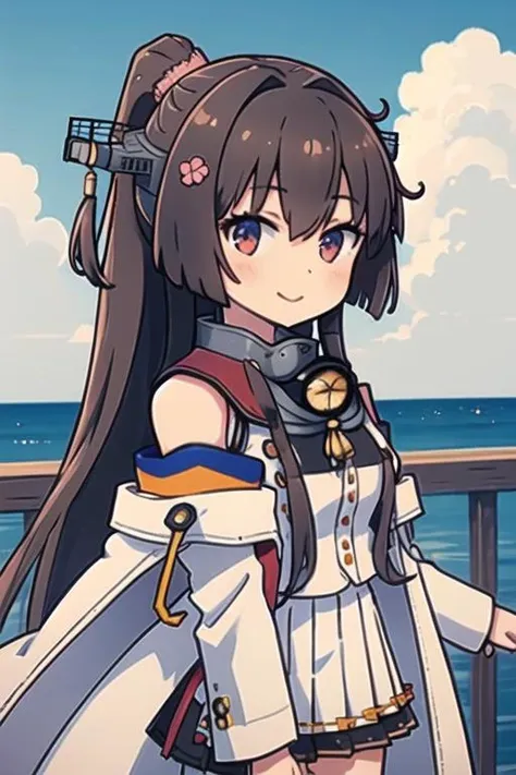 masterpiece, best quality,
1girl, solo,
(sky, cloud1.4), looking at viewer,
smile, cowboy_shot, view from side,
<lora:yamato:0.9>yamato_\(kancolle\),(kaini_costume), headgear, detached_sleeves, long sleeves, white skirt, pleated skirt, black_highhighs, bare_shoulders, white coat, sleeveless coat, clothing cutout, coat on shoulders, long coat, metal collar, shoulder cutout, collar,
<lora:Qtea_add_sugar-fp16:1>chibi