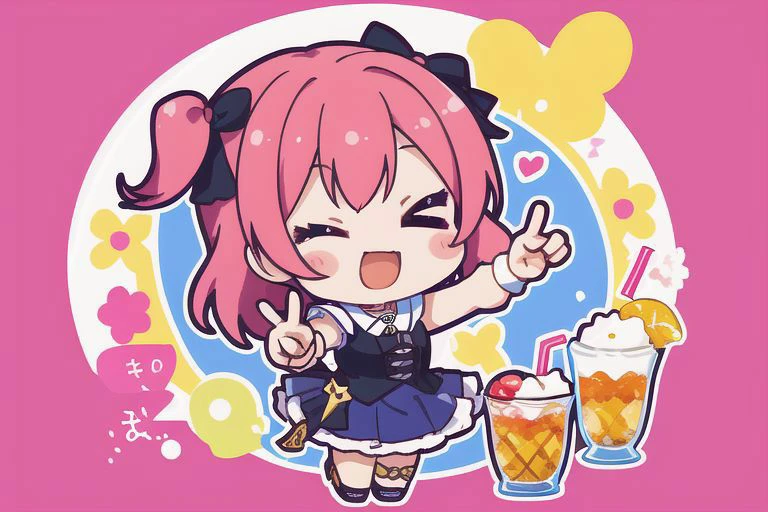1girl, chibi,parfait,hand,drinking,v sign,beckoning,happy,love you,one eye closed