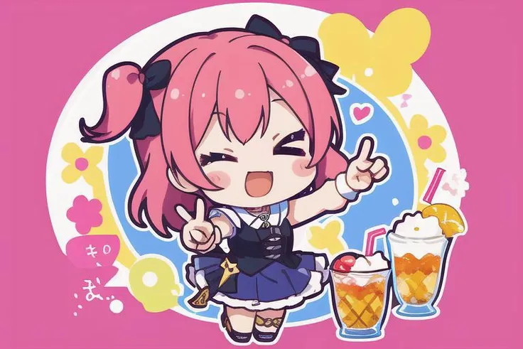 1girl, chibi,parfait,hand,drinking,v sign,beckoning,happy,love you,one eye closed