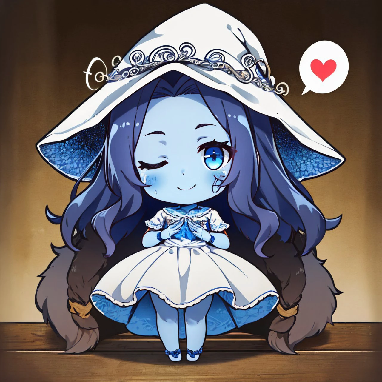 (masterpiece, best quality:1.2), chibi, solo, 1girl, ranni, joints, smile, looking at viewer, spoken heart, own hands together, wavy hair, blue skin, cracked skin, extra arms, dress <lyco:Qtea_add_sugar-fp16:0.8> <lora:Ranni:0.9>