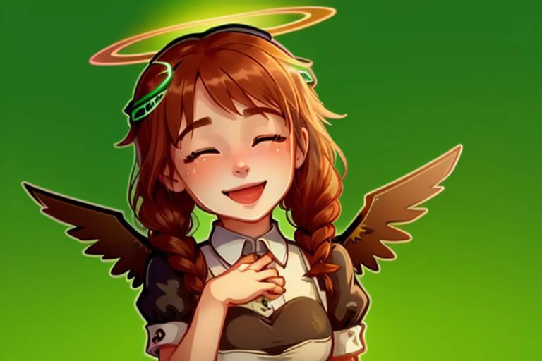 ((best quality, masterpiece)),    [(simple background:1.3),::5], ((die-cut sticker):1.1), (solid outline:1.2),
1girl, maid, black maid uniform, red hair, twintails, green eyes,(closed eyes smile:1.3), ((blush):1.2), ((halo):1.2). wings, ((full body):0.4),
<lora:easy_sticker:0.5> , <lyco:Qtea_add_sugar:0.2>