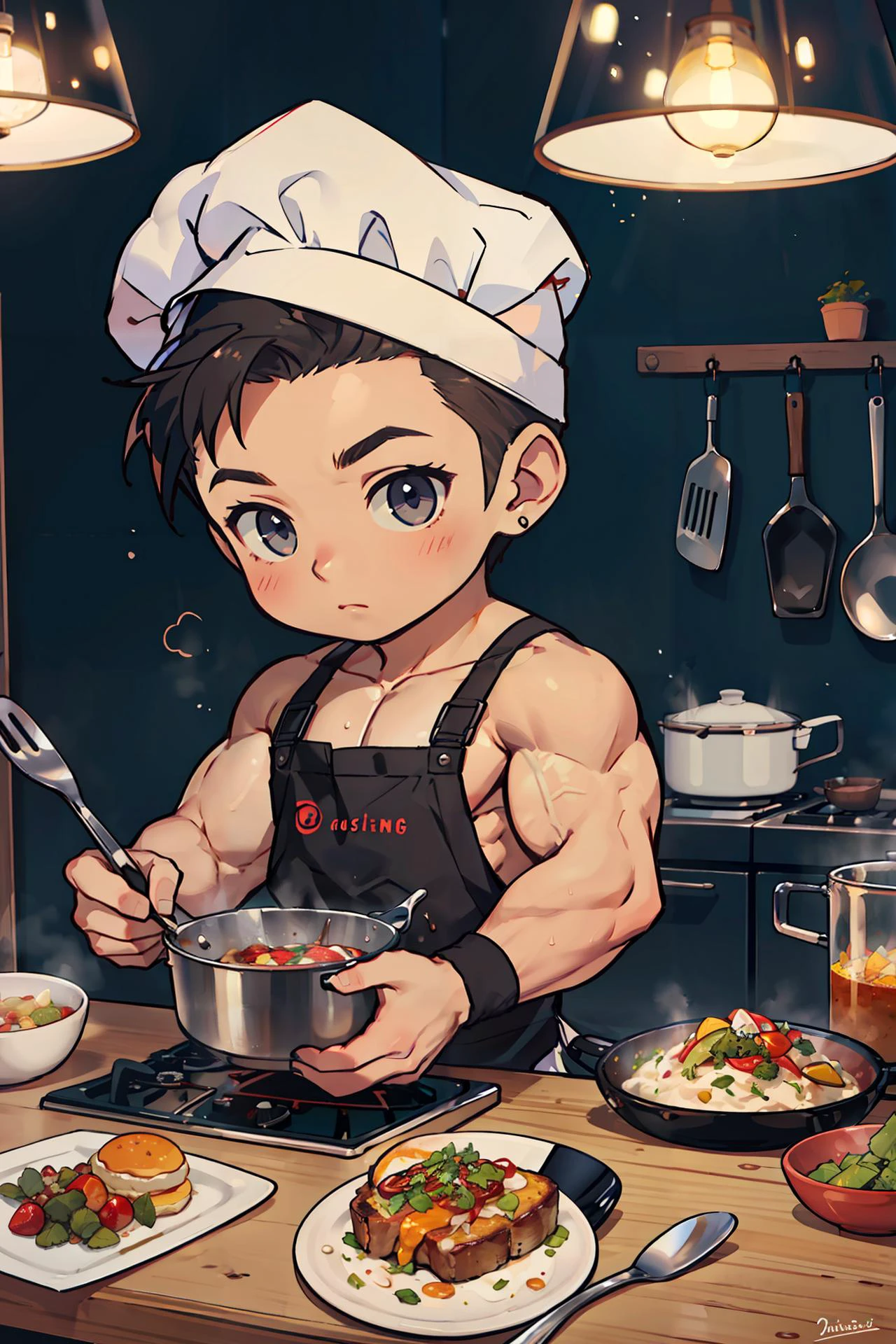 (masterpiece,best quality), 1boy,muscular , chibi, cooking, <lora:Qtea_add_sugar-fp16:0.9>