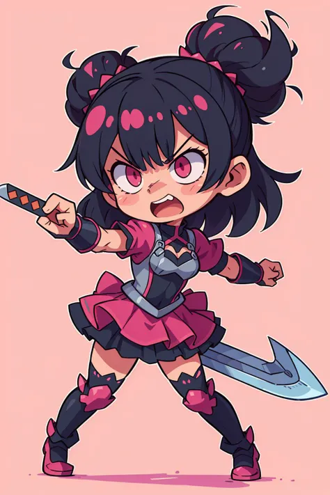 ((best quality, masterpiece)),   die-cut sticker, [(simple background:1.3),::5], (solid outline:1.4),
1girl, power pose, angry, open mouth, black and pink gothic ((kawaii)) armor, frills, pink messy hair, sword,
<lora:easy_sticker:0.2> , <lyco:Qtea_add_sugar:0.3>