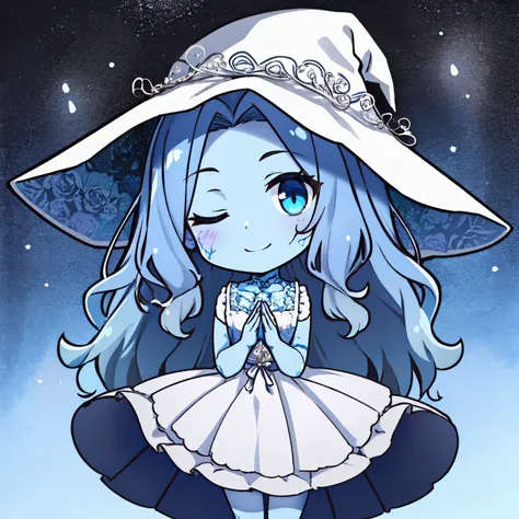 (masterpiece, best quality:1.2), chibi, solo, 1girl, ranni, joints, smile, looking at viewer, own hands together, wavy hair, blue skin, cracked skin, extra arms, dress <lyco:Qtea_add_sugar-fp16:0.8> <lora:Ranni:0.9>