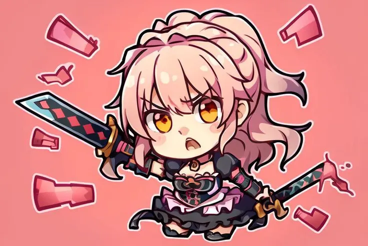 ((best quality, masterpiece)),   die-cut sticker, [(simple background:1.3),::5], (solid outline:1.4),
1girl, power pose, angry, open mouth, black and pink gothic ((kawaii)) armor, frills, pink messy hair, sword,
<lora:easy_sticker:0.2> , <lyco:Qtea_add_sugar:0.3>