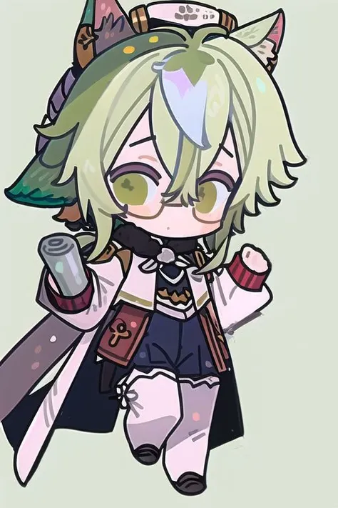 best quality, 1girl, sucrosedef, green hair, animal ears, glasses, chibi