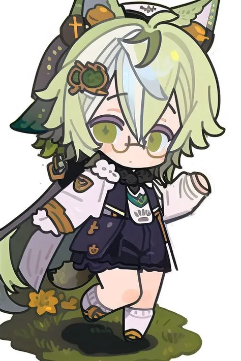 best quality, 1girl, sucrosedef, green hair, animal ears, glasses, chibi