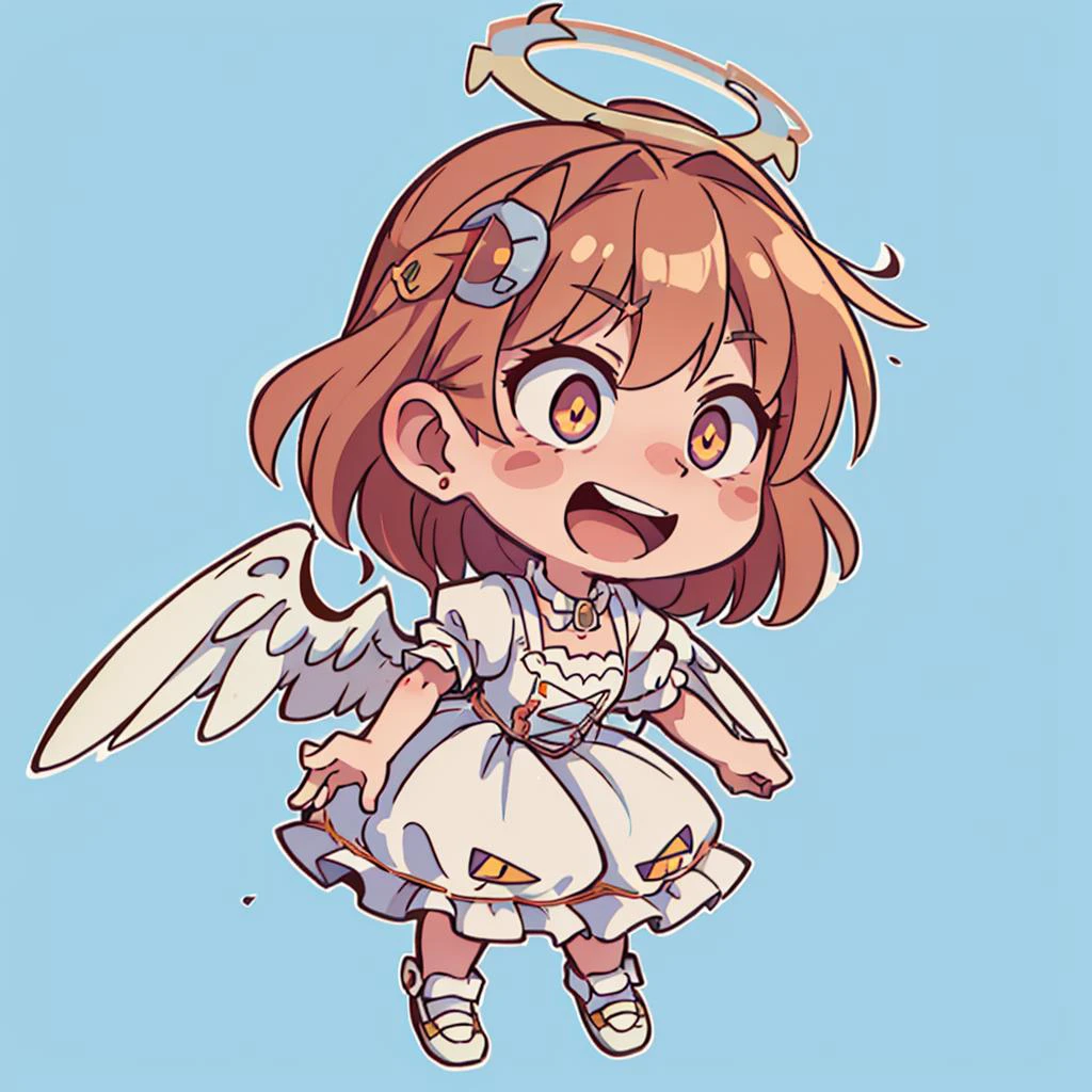 ((best quality, masterpiece)),    [(simple background:1.3),::5], ((die-cut sticker):1.1), (solid outline:1.2),
chibi, 1girl, angel, ta_dress , embarrassed <lora:ArsEmbarrassed-t5:0.3>, (smile:0.8), (constricted pupils, small pupils), blush , open mouth, ((halo)), wings, full body,
<lora:Constricted Pupils5:0.3>,
<lora:loliress_classic_1_v3:0.4>
<lora:easy_sticker:0.5> , <lyco:Qtea_add_sugar:0.2>