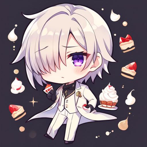1boy, black gloves, formal clothes, white suit, long sleeves, male focus, purple eyes, disdain, solo, full body, (beige hair), fluffy hair, short hair, hair over right eye, <lora:mekakure_right_v100:0.85>, black undershirt, chibi, shortcake, sweets, whipped cream, strawberries, <lora:Qtea_add_sugar-fp16:0.85>