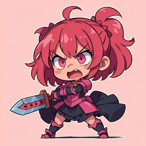 ((best quality, masterpiece)),   die-cut sticker, [(simple background:1.3),::5], (solid outline:1.4),
1girl, power pose, angry, open mouth, black and pink gothic ((kawaii)) armor, frills, pink messy hair, sword,
<lora:easy_sticker:0.2> , <lyco:Qtea_add_sugar:0.3>