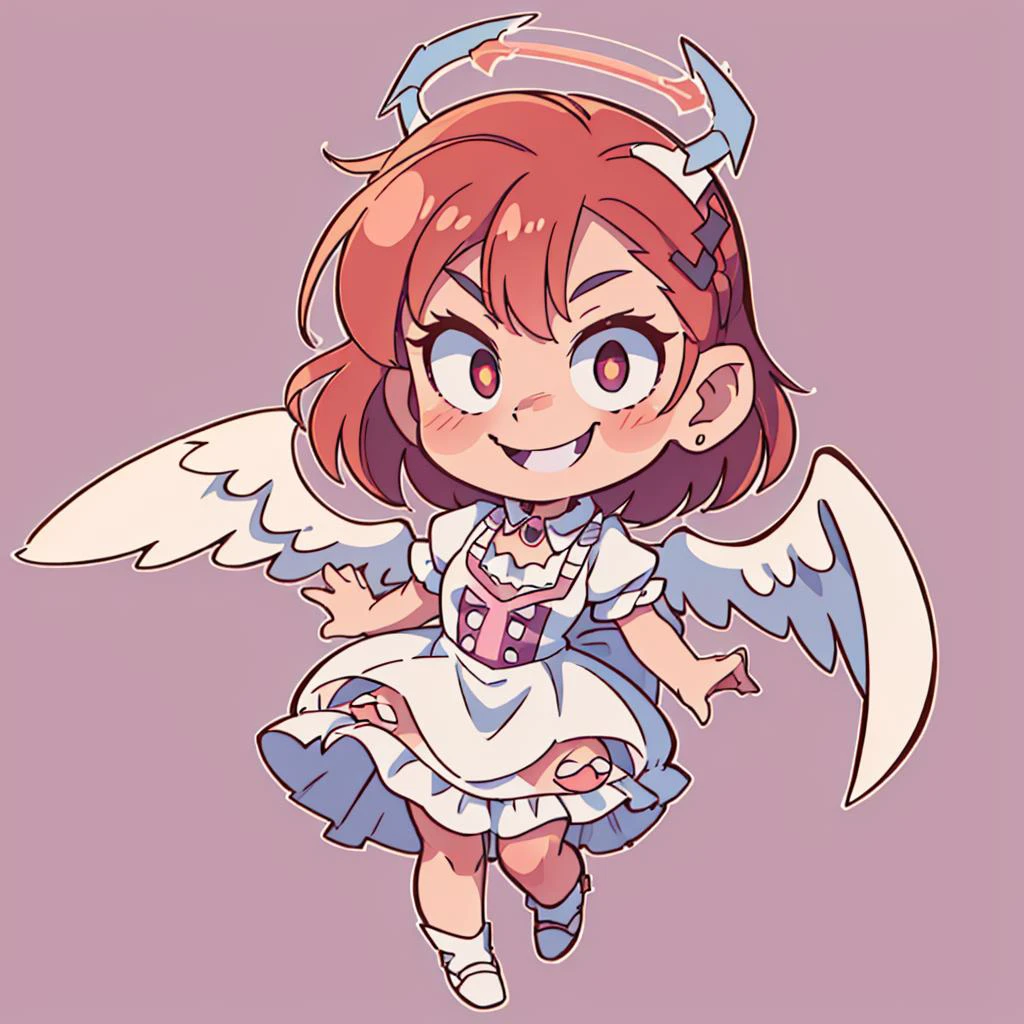((best quality, masterpiece)), die-cut sticker, [(simple background:1.3),::5], (solid outline:1.4),
chibi, 1girl,  ta_dress , embarrassed <lora:ArsEmbarrassed-t5:0.3>, ((evil smile, naughty smile):1.2), (constricted pupils, small pupils), ((blush)) , open mouth, ((halo)), ((angel wings)), full body,
<lora:Constricted Pupils5:0.3>,
<lora:loliress_classic_1_v3:0.4>
<lora:easy_sticker:0.2> , <lyco:Qtea_add_sugar:0.3>