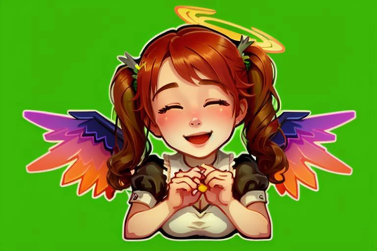 ((best quality, masterpiece)),    [(simple background:1.3),::5], ((die-cut sticker):1.1), (solid outline:1.2),
1girl, maid, black maid uniform, red hair, twintails, green eyes,(closed eyes smile:1.3), ((blush):1.2), ((halo):1.2). wings, ((full body):0.4),
<lora:easy_sticker:0.5> , <lyco:Qtea_add_sugar:0.2>