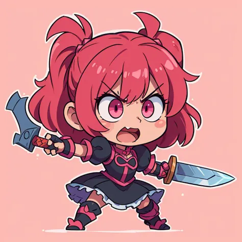 ((best quality, masterpiece)),   die-cut sticker, [(simple background:1.3),::5], (solid outline:1.4),
1girl, power pose, angry, open mouth, black and pink gothic ((kawaii)) armor, frills, pink messy hair, sword,
<lora:easy_sticker:0.2> , <lyco:Qtea_add_sugar:0.3>