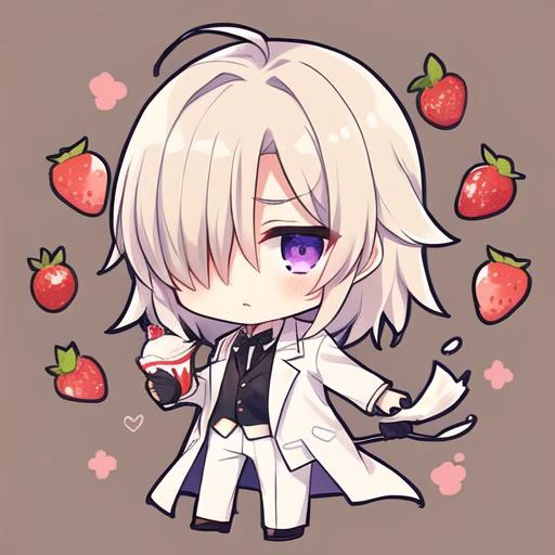1boy, black gloves, formal clothes, white suit, long sleeves, male focus, purple eyes, disdain, solo, full body, (beige hair), fluffy hair, (medium hair), hair over right eye, <lora:mekakure_right_v100:0.85>, black undershirt, chibi, shortcake, sweets, whipped cream, strawberries, <lora:Qtea_add_sugar-fp16:0.85>