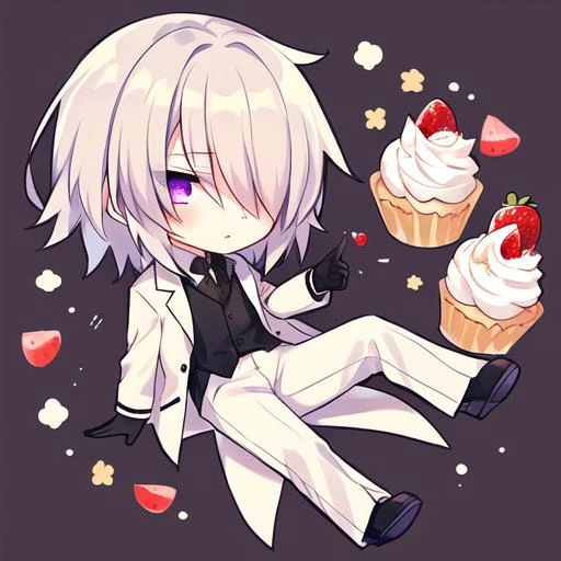 1boy, black gloves, formal clothes, white suit, long sleeves, male focus, purple eyes, disdain, solo, full body, (beige hair), fluffy hair, short hair, hair over right eye,  <lora:mekakure_right_v100:0.85>, black undershirt, chibi, shortcake, sweets, whipped cream, strawberries,  <lora:Qtea_add_sugar-fp16:0.85>