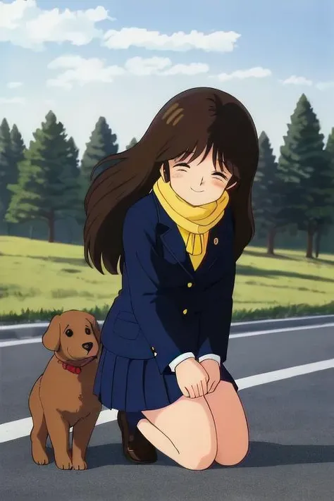 masterpiece, best quality, absurdres, <lora:GoodHands-vanilla:1>, retro artstyle, 1980s \(style\), solo,colored pencil (medium),
<lora:cream_ami_test_rep6_dim32-16:0.7>, cream_ami, 1girl, brown hair, long hair,(blazer), dark blue school uniform, shiny skin, shiny hair, crouching,(puppy),outdoor,winter morning road,(close eyes smile),dutch angle,intricate shadow, hdr, volumetic lighting,(yellow knit muffler,strong wind,touch the puppy at feet)