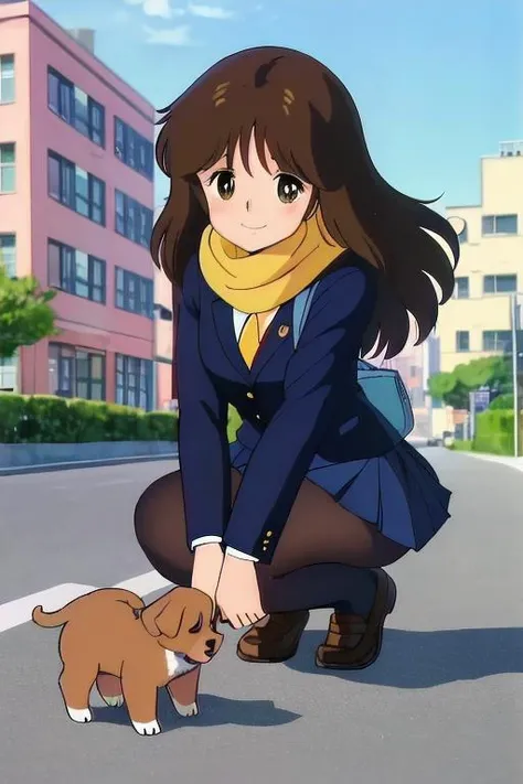 masterpiece, best quality, absurdres, <lora:GoodHands-vanilla:1>, retro artstyle, 1980s \(style\), 
<lora:cream_ami_test_rep6_dim32-16:0.8>, cream_ami, 1girl, solo focus, brown hair, long hair,(blazer), school uniform, shiny skin, shiny hair,pov, crouching,(puppy),outdoor,winter morning road,(close eyes smile),dutch angle,intricate shadow, hdr, volumetic lighting,(yellow knit muffler,strong wind,touch the puppy at feet)