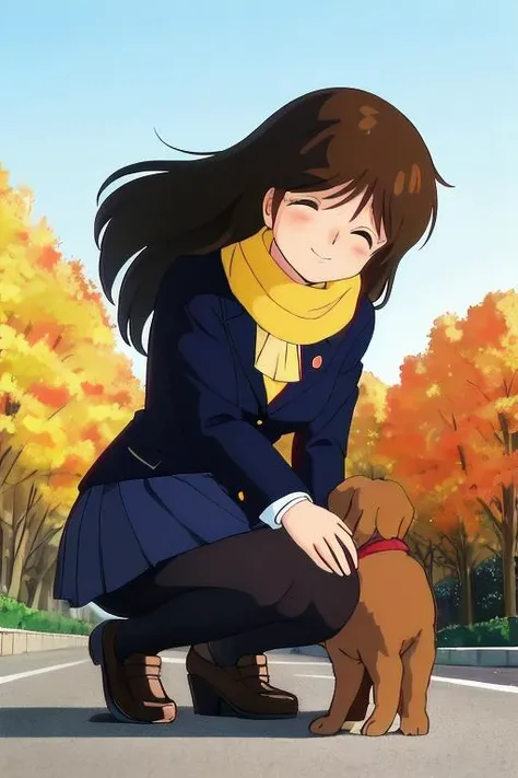masterpiece, best quality, absurdres, <lora:GoodHands-vanilla:1>, retro artstyle, 1980s \(style\),
<lora:cream_ami_test_rep6_dim32-16:0.8>, cream_ami, 1girl, solo focus, brown hair, long hair,(blazer), school uniform, shiny skin, shiny hair,pov, crouching,(puppy),outdoor,winter morning road,(close eyes smile),dutch angle,intricate shadow, hdr, volumetic lighting,(yellow knit muffler,strong wind,touch the puppy at feet)