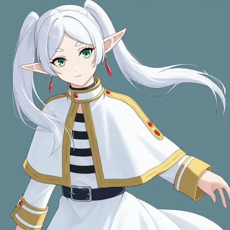 1girl,solo,pointy_ears,twintails,green_eyes,long_hair,jewelry,white_hair,white capelet,earrings,elf,capelet,belt,shirt,dress,parted_bangs,long_sleeves,bangs,white_dress.<lora:frieren-000013:0.7>
