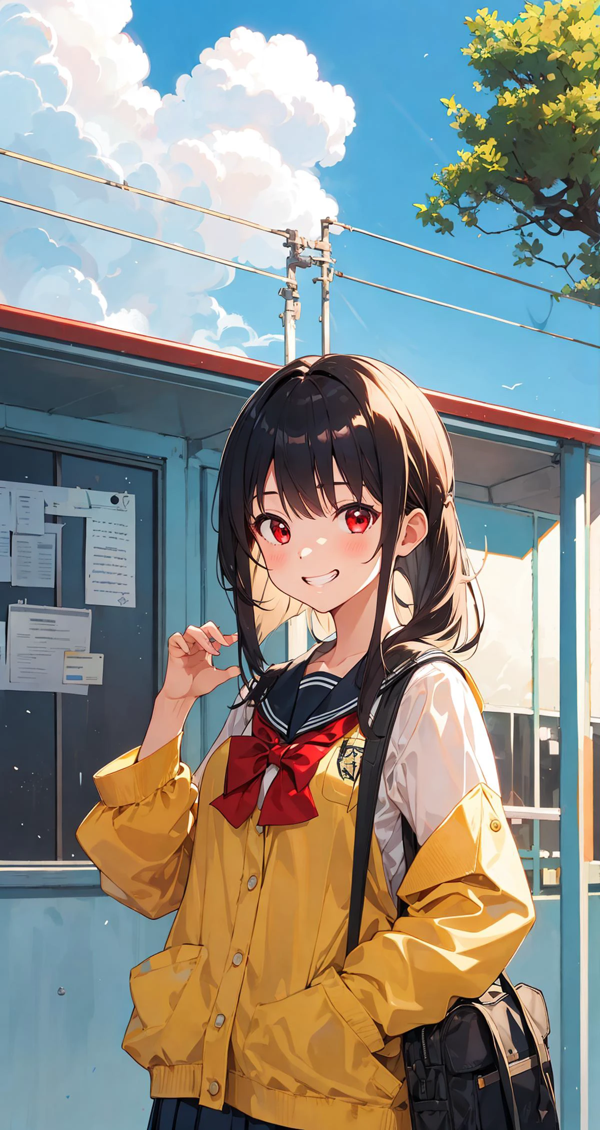 star_(sky),sky,1girl,school_uniform,japanese_clothes,skirt,grin,absurdres,incredibly absurdres,wallpaper,in summer,school_bag,portrait,red eyes,,shiny_skin,put your hands in your pockets,classroom,