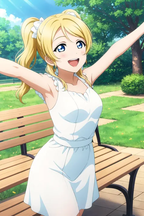 (masterpiece, best quality), 1girl,
<lora:EliAyase_Mistoon_Locon_CulturedDiffusion:0.6>, eli ayase, blonde hair, blue eyes, twintails,
smile, open mouth, stretching, spread armpit,
white dress,
park, bench, sunglight,