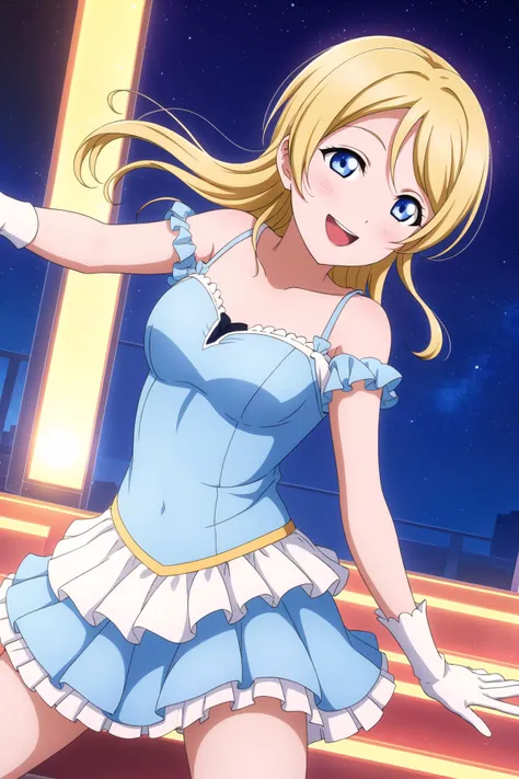 (masterpiece, best quality), 1girl,
<lora:EliAyase_Mistoon_Locon_CulturedDiffusion:0.6>, eli ayase, blonde hair, blue eyes, hair down,
happy, hand on own stomach, spread legs,
idol, white gloves, blue dress, frills,
stage, spotlight, audience, night,