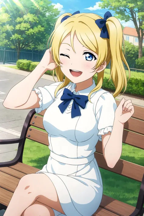 (masterpiece, best quality), 1girl,
<lora:EliAyase_Mistoon_Locon_CulturedDiffusion:0.6>, eli ayase, blonde hair, blue eyes, twintails,
smile, open mouth, one eye closed, hands behind head, crossed legs,
white dress,
park, bench, sunglight,