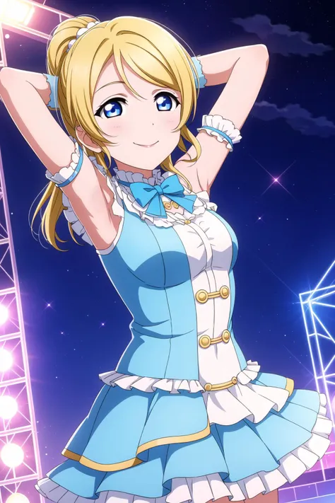 (masterpiece, best quality), 1girl,
<lora:EliAyase_Mistoon_Locon_CulturedDiffusion:0.6>, eli ayase, blonde hair, blue eyes, hair down,
seductive smile, hands behind head, spread armpit,
idol, white gloves, blue dress, frills,
stage, spotlight, audience, night,