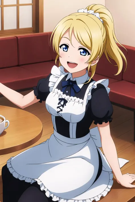 (masterpiece, best quality), 1girl,
<lora:EliAyase_Mistoon_Locon_CulturedDiffusion:0.6>, eli ayase, blonde hair, blue eyes, ponytail,
smile, open mouth, stretching, sitting,
maid, white thighighs,
cafe, table,
