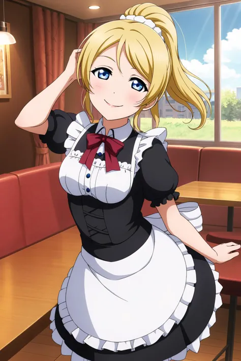 (masterpiece, best quality), 1girl,
<lora:EliAyase_Mistoon_Locon_CulturedDiffusion:0.6>, eli ayase, blonde hair, blue eyes, ponytail,
smirk, hands behind head, stepping,
maid, white thighighs,
cafe, table,