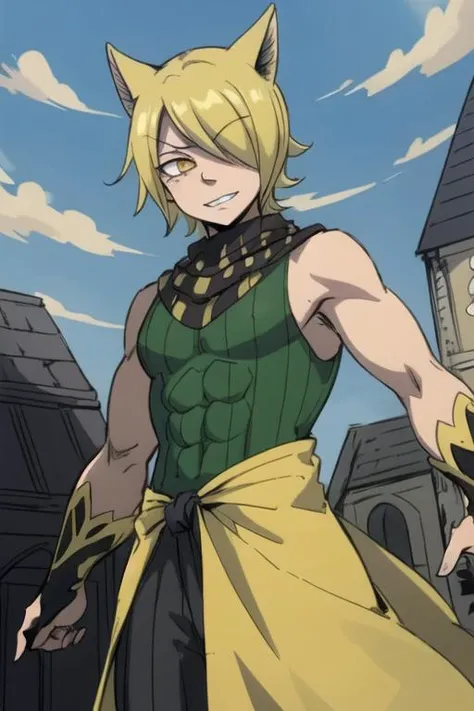 masterpiece, best quality, sketch, 1boy, solo, male focus, looking at viewer, , , ligne claire, , <lora:jackal_fairy_tail:0.70>, jackal_fairy_tail, blonde hair, yellow eyes, clown costume, The Tower of Oblivion: A stronghold where forgotten secrets and dark magic are hidden,