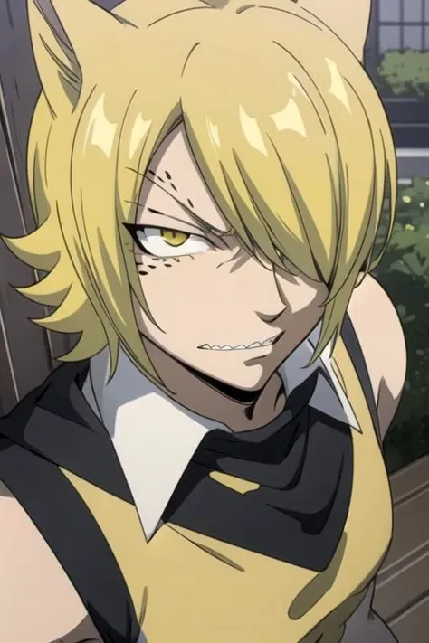 masterpiece, best quality, , 1boy, solo, male focus, looking at viewer, upper body, depth of field, anime coloring, realistic, <lora:jackal_fairy_tail:0.72>, jackal_fairy_tail, blonde hair, yellow eyes, , park, 8k resolution