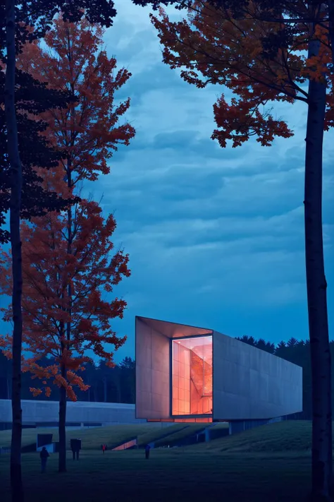 (masterpiece), (best quality), super detailed, realistic, (photorealistic), 8k, (sharp focus), depth of field,
ahrender, museum, concrete roof, (black iron structure facade:0.5), in forest, night, dark sky, rainy, no human