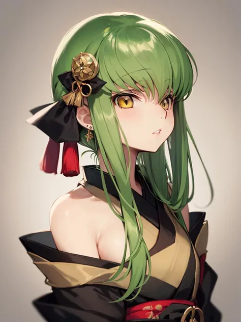 <lora:cCCodeGeassLelouchOfTheRebellion_v10a:0.7>
c.c.,1girl, yellow eyes, green hair,kimono,japanese clothes,black ribbon,hair ornament, black collar, earrings, looking up,cropped shoulders, simple background, profile, looking away, upper body, parted lips