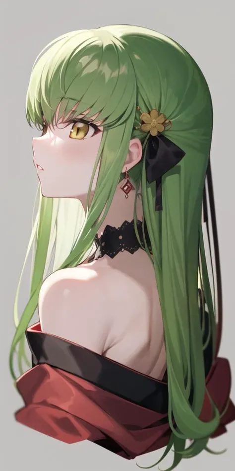 c.c.,1girl, yellow eyes, green hair,kimono,japanese clothes,black ribbon,hair ornament, black collar, earrings, looking up,cropped shoulders, simple background, profile, looking away, upper body, parted lips,<lora:cc_locon_v1a:0.7>