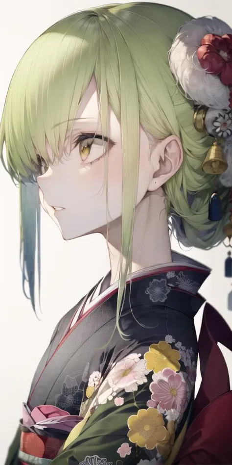 c.c.,1girl, yellow eyes, green hair,long hair,kimono,japanese clothes,floral print,hair ornament, earrings, looking up,simple background, profile, looking away, upper body, parted lips,<lora:cc_locon_v1a:0.5>, <lora:hito_loha_v1d:0.7>