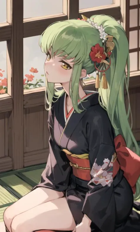 (masterpiece, 4k, best quality, highly detailed), c.c., blush, 1girl, yellow eyes, green hair, long hair, kimono, japanese clothes, floral print, hair ornament, earrings, looking up, sitting, park, side slit, profile, looking away, parted lips, <lyco:cc_locon_v1a:0.7>